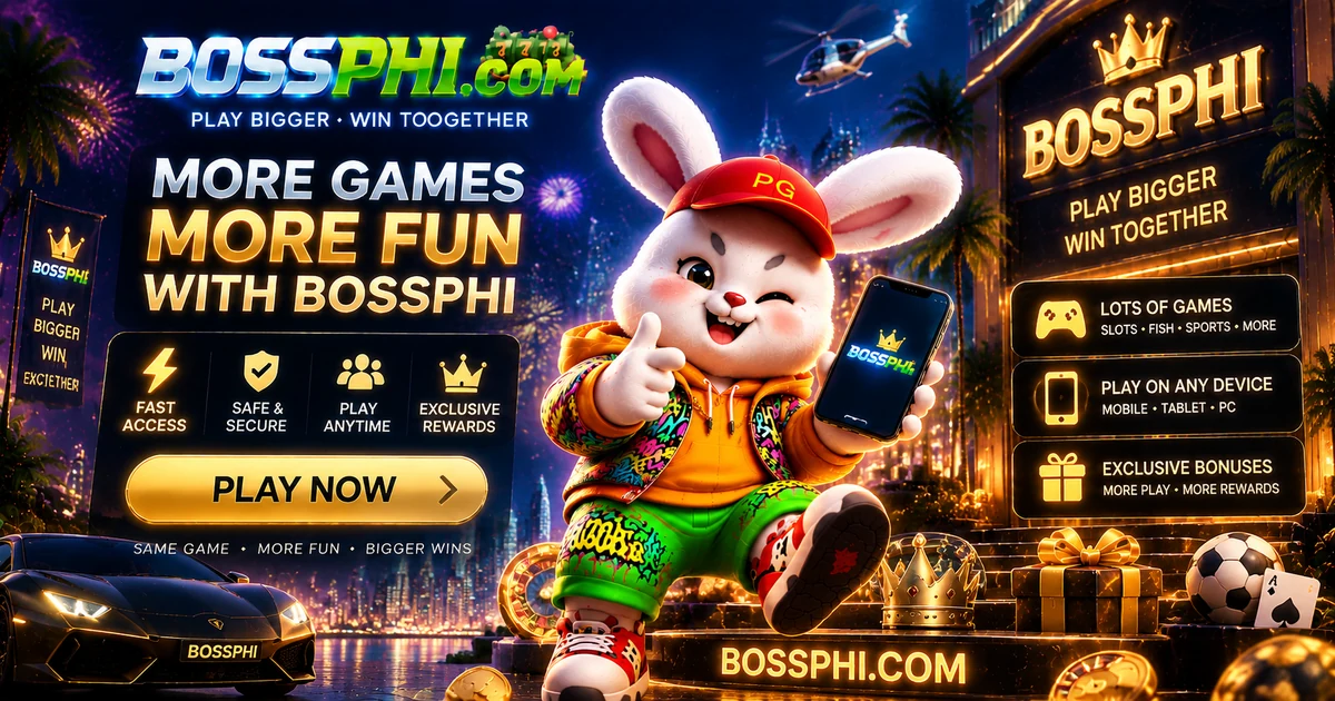 bossphl blue neon gaming-style visual with a rabbit character, gift box and game symbols